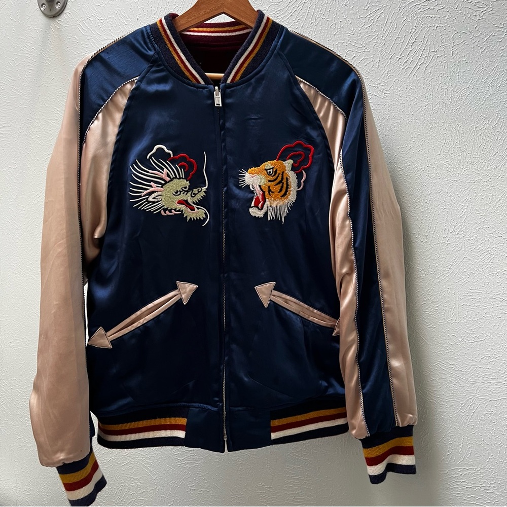 Reversible Satin/Velvet Bomber Jacket | Embroidered Tiger + Dragon Vintage Style